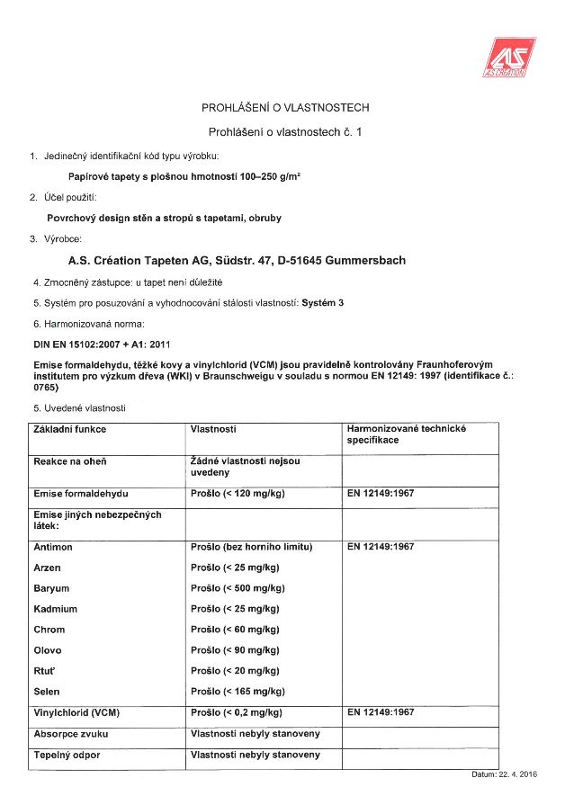 CE minősítés - AS. Création tapéták - tulajdonságnyilatkozat